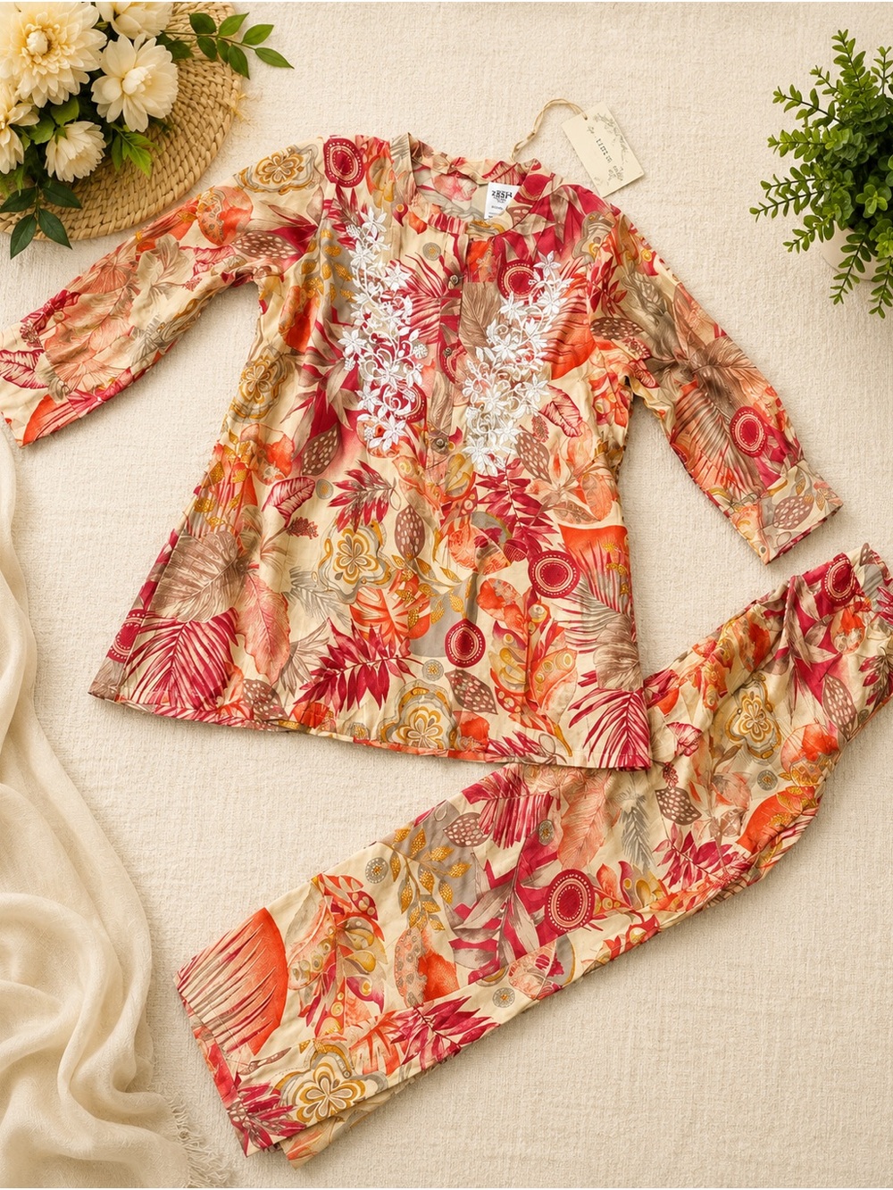 Girls Floral Embroidered Pink & Cream Pajama Set